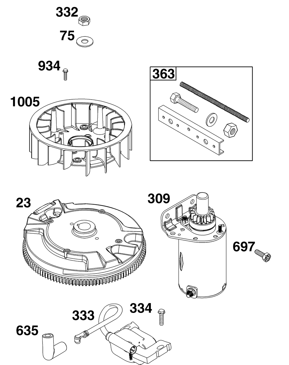 Flywheel, Ignition, And Starter Group Diagram and Parts List for 40T877-0008-B5  Briggs and Stratton Engine